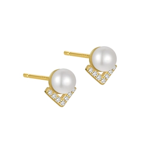 S925 sterling silver gold V-shaped stud earrings with pavé zircon and white pearls
