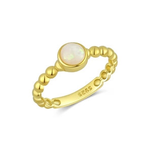 Bague en argent sterling S925 plaqué or avec opale blanche ronde et anneau perlé