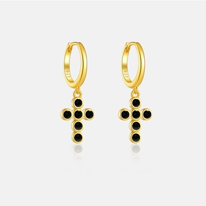 S925 sterling silver gold hoop earrings with black zircon cross pendants for women
