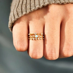 Three-piece gold plated S925 silver stackable rings set with opal and cubic zirconia stones