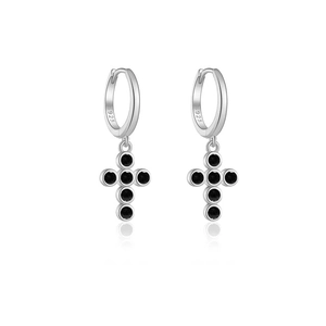 S925 sterling silver hoop earrings with black zircon cross pendant on white background