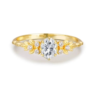 S925 sterling silver gold plated tree leaf ring with oval zircon center stone
