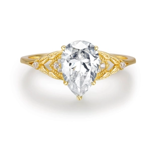 Elegant S925 sterling silver pear-cut zircon ring featuring intricate floral leaf motifs