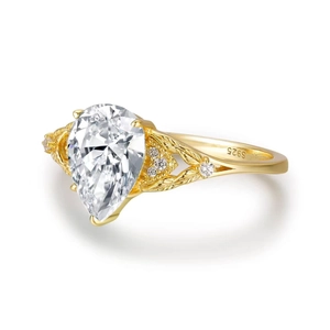 Elegant S925 sterling silver ring with pear cut zircon and leaf-shaped gold plated design