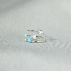 Elegant s925 silver multi-layer spiral ring with opal beads and zircon accent
