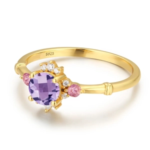 S925 silver crown ring with purple round gemstone and gold-plated bamboo band