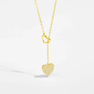 Gold S925 sterling silver tassel heart necklace with shimmering pavé crystal pendants