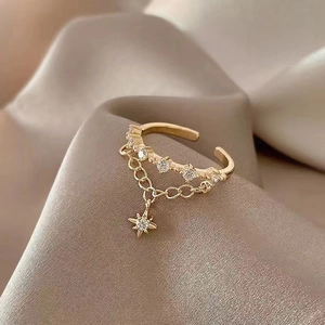 925 Sterling Silver Star Tassel Open Ring For Women Minimalist Rhinestone Adjustable Geometric Finger Ring Fashion Jewelry