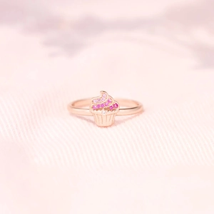Bague Cupcake Créative en Argent Sterling 925 Plaquée Or Rose Incrustée de Strass Roses Dessert Crème Glacée Bijoux de Mode Femme