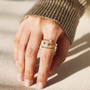 Three-layer gold spinning fidget ring with opal beads and zircon for women