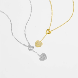 925 Sterling Silver Heart Y Necklace For Women Pave Rhinestone Double Heart Tassel Lariat Choker Adjustable Trendy Jewelry Gift