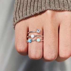 Three-piece S925 sterling silver stacked ring set with opal beads and zircon stones