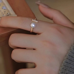 Elegant gold S925 silver open ring with white pearl and micro-pave crystals