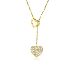 Elegant gold S925 sterling silver Y-shaped tassel necklace with sparkling heart pendants