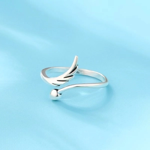 Bague ouverte en argent sterling S925 avec aile et perle au design minimaliste
