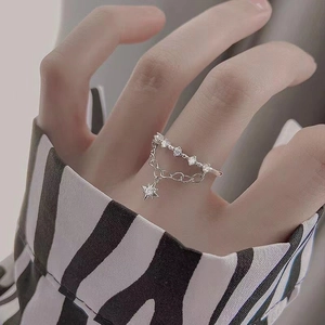 S925 sterling silver double layer ring with star tassel and sparkling cubic zirconia