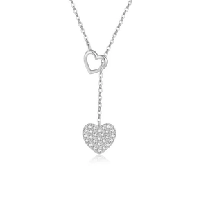 Elegant S925 sterling silver Y-shaped necklace with double heart tassels and pavé crystals