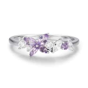 Bague en argent sterling S925 avec pierres papillon violettes et zircons étincelants