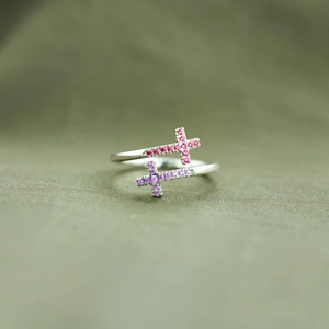 S925 Sterling Silver Double Cross Open Ring For Women Colorful Rhinestone Inlaid Adjustable Fashion Finger Ring Jewelry