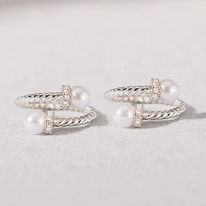925 Sterling Silver Artificial Pearl Ring Twist Rope Open Adjustable Double Artificial Pearl Zircon Inlaid Minimalist Fashion Jewelry For Women
