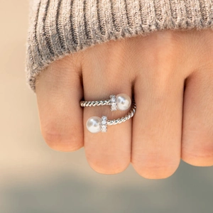 S925 sterling silver cable twist open ring with white pearls and sparkling accents