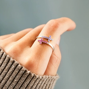 Minimalist S925 sterling silver double cross ring with pink and purple zircon stones