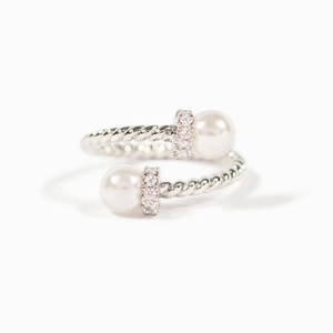 Elegant S925 sterling silver twisted open ring with pearls and pavé cubic zirconia