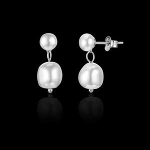 Elegant S925 sterling silver drop earrings with large and small natural white pearls