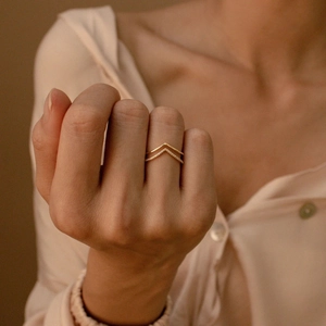 Minimalist S925 sterling silver double V-shape chevron rings with pavé zircon stones