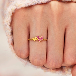 S925 silver double heart ring with pink pavé stones and twisted gold band texture