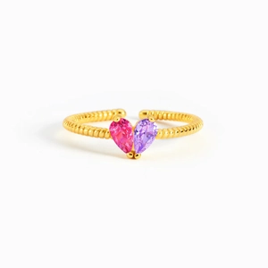 Adjustable golden S925 silver ring with pink and purple heart-shaped birthstones