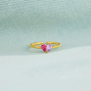 925 Sterling Silver Double Pear Rhinestone Heart Adjustable Open Ring For Women Twisted Rope Birthstone Jewelry Gift
