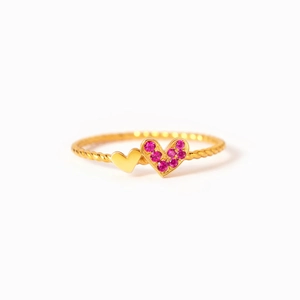 S925 sterling silver gold ring with twisted band and pink pavé heart pendant