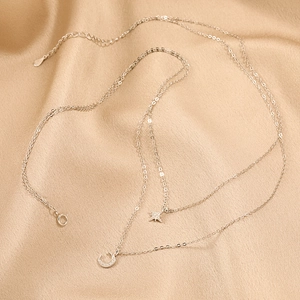 Double layer S925 sterling silver necklace with zircon moon and star charms