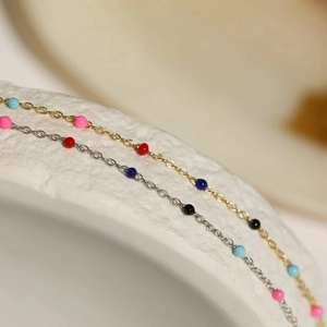 Minimalist S925 sterling silver chain necklace with colorful enamel beads in gold and silver