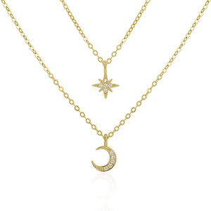 Double-layered S925 silver gold-plated necklace with star and moon zircon pendants