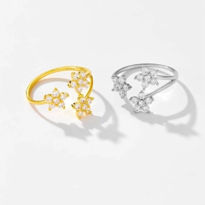 925 Sterling Silver Adjustable Flower Ring For Women Minimalist Rhinestone Open Finger Ring Fashion Jewelry Gift