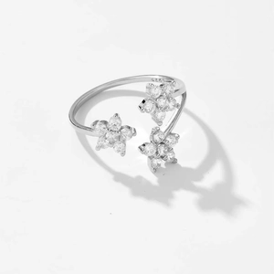 Adjustable S925 sterling silver ring featuring three sparkling flower zircon clusters