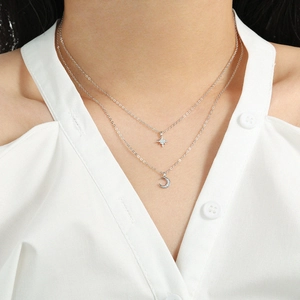 Elegant s925 silver double-layered necklace with star and moon crescent pendants