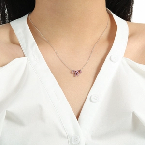 Elegant s925 silver necklace featuring a sparkling pink zircon bow pendant for women
