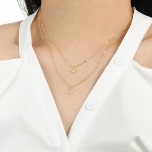 Double-layer s925 sterling silver star and moon pendant necklace set in gold finish