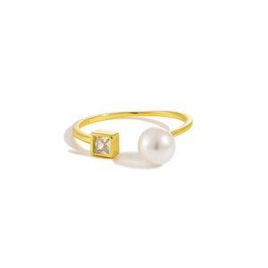 Minimalist S925 sterling silver open ring with a round pearl and square zircon stone