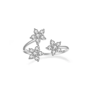 Adjustable S925 sterling silver ring with three sparkling floral motifs and cubic zirconia