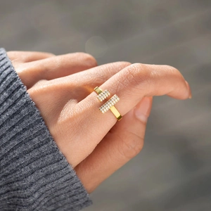 Adjustable S925 sterling silver open ring with double-T pavé rectangle design in gold finish