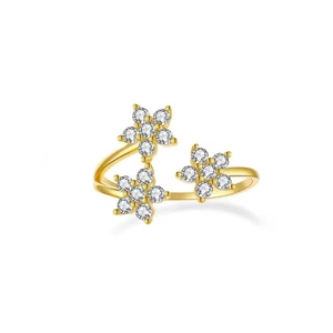 Adjustable S925 sterling silver ring with three sparkling gold-tone floral zircon clusters