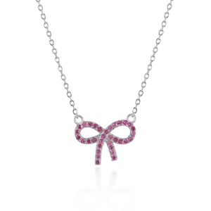 Detailed view of S925 silver necklace featuring a bow pendant with pink pavé set stones