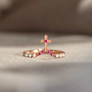 925 Sterling Silver Cross V-Shape Ring With Artificial Pearl And Pink Zirconia Vintage Rose Gold Plated Jewelry Gift For Women