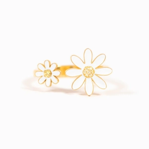 Adjustable S925 sterling silver ring featuring two elegant white enamel daisy flowers