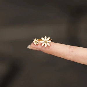 Detail shot of an adjustable S925 silver sunflower ring with white enamel petals