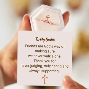 Rose gold cross ring with pink gems and pearls in a velvet gift box with a bestie card